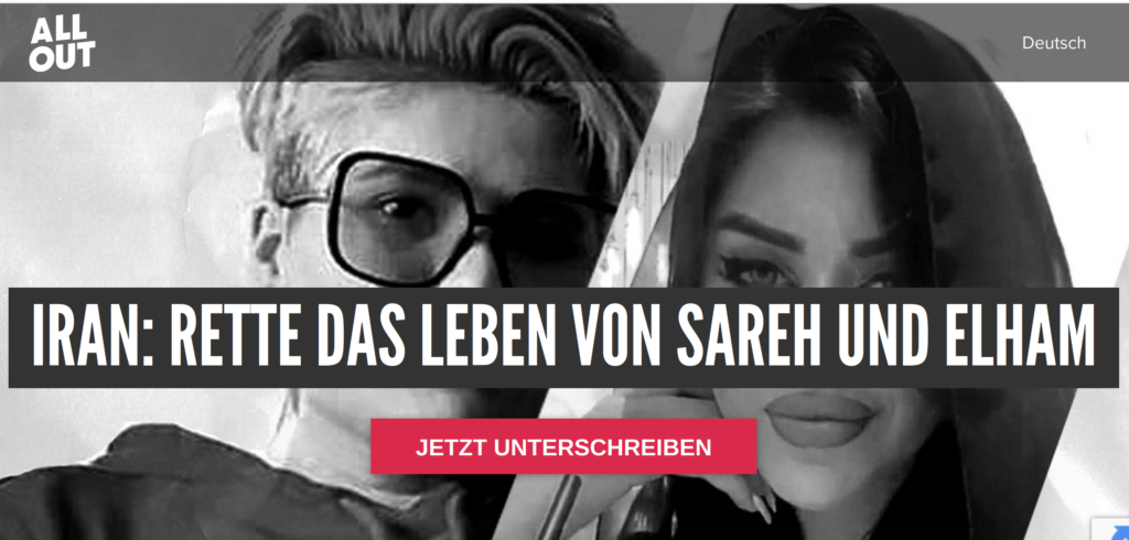 Bild von Sareh und Elham mit dem Aufruf dafür zu unterschreiben Leben zu retten