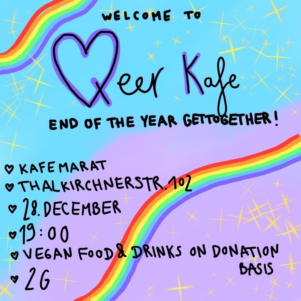 Sharepic for Queer Kafe on Dec 28th, 2023. Two rainbows squiggle diagonally across the image on a baby blue and lavender backdrop. Lovely yellow spikey stars are scattered across the picture. 